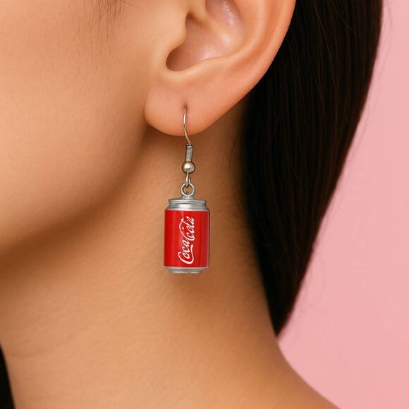 Red Soda Can Earrings — Cute Retro Drink Dangle Kawaii Jewelry - Picture 2 of 3